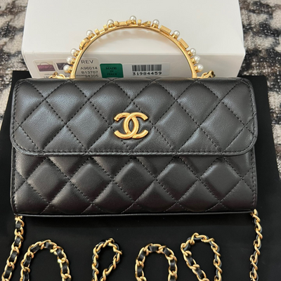 Chan*l woc black handbags pearl handle plated lock gold 19cm - main image