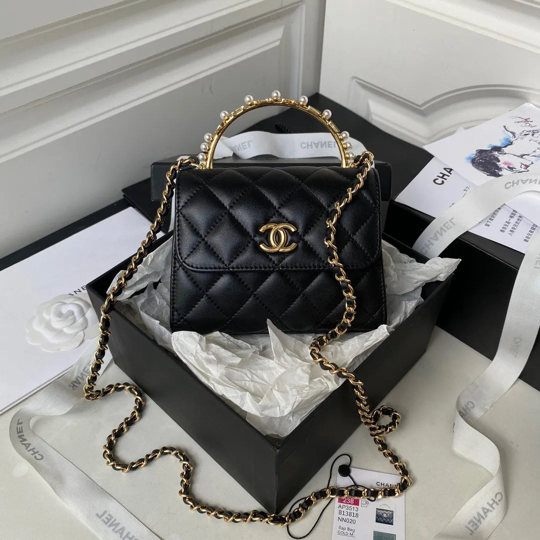 Chan*l woc pearl handle plated handbags black leather with lock gold 11.5×14.5×5.5cm - main image