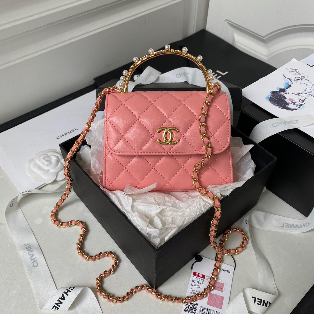Chan*l woc pink handbags with pearl handle 11.5×14.5×5.5cm - main image