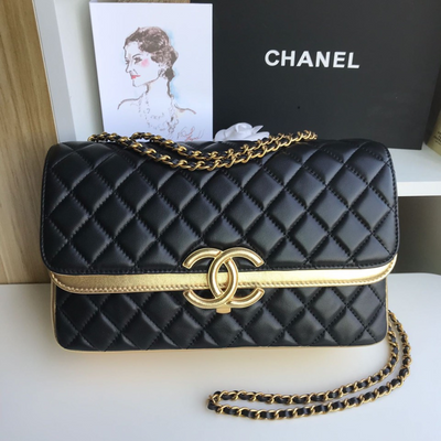 Chan*l woman’s like auth handbags black mix yellow leather 25cm - main image