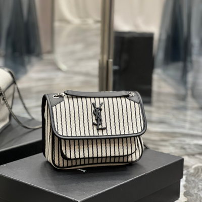 saint laurent cotton canvas striped vintage calfskin monogram medium niki chain satchel - main image