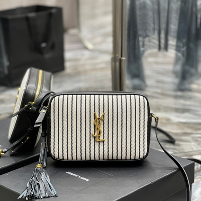 saint laurent lou medium Y*L striped canvas camera crossbody bag in grey cream - main image