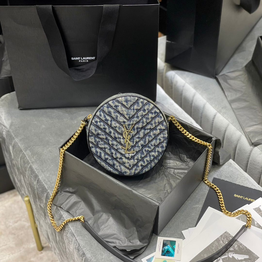 saint laurent Y*L women vinyle round camera bag in chevron-quilted denim and suede - main image