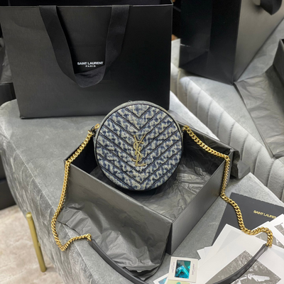 saint laurent Y*L women vinyle round camera bag in chevron-quilted denim and suede - main image