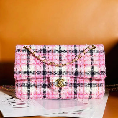 Chan*l mini rectangular flap bag pink, white and black - main image