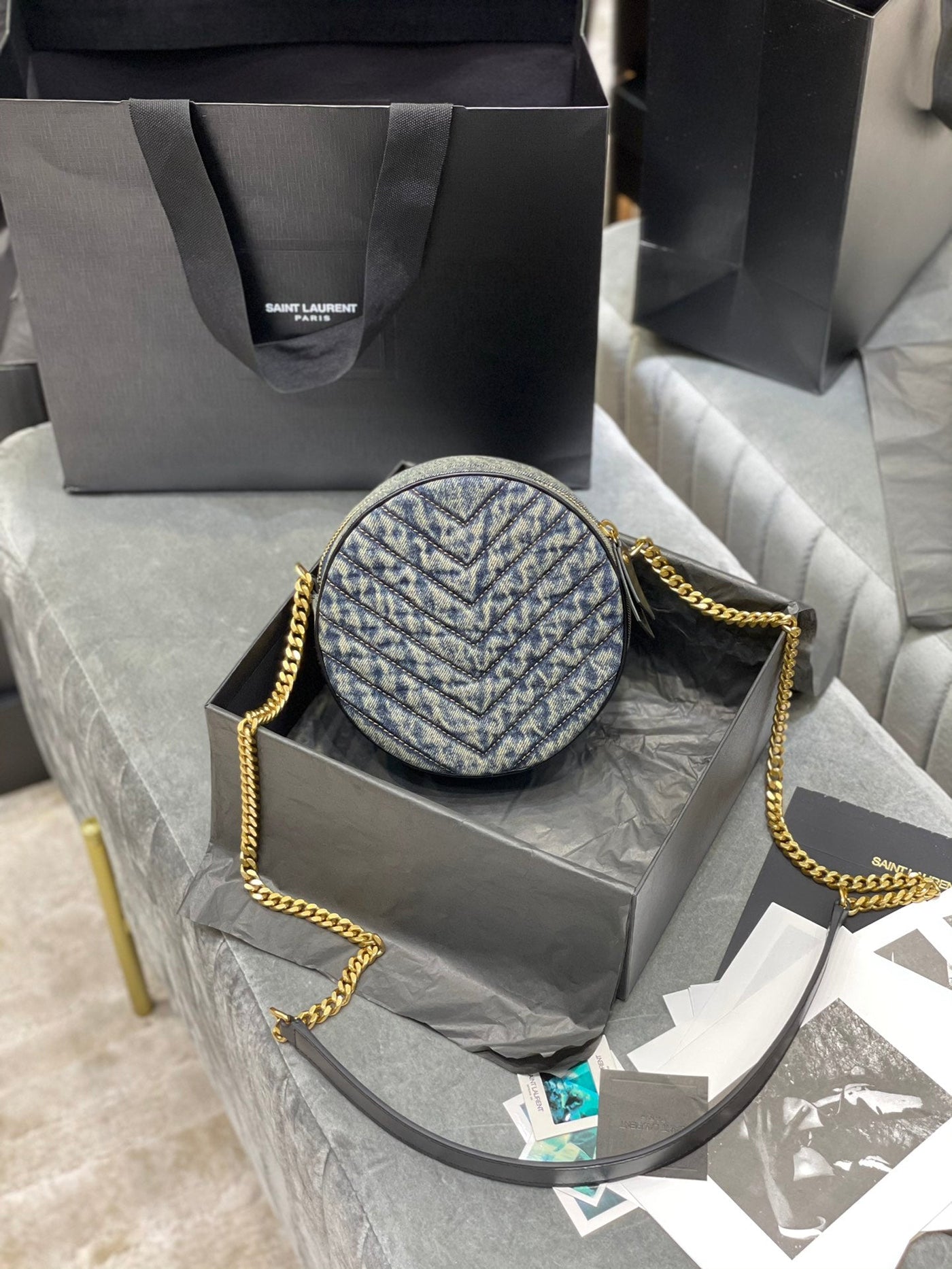 saint laurent Y*L women vinyle round camera bag in chevron-quilted denim and suede - image 4