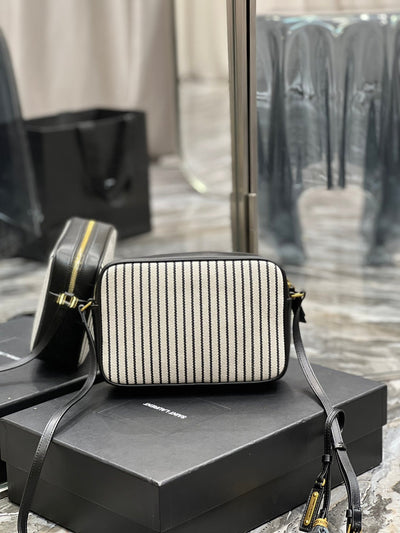 saint laurent lou medium Y*L striped canvas camera crossbody bag in grey cream - image 6