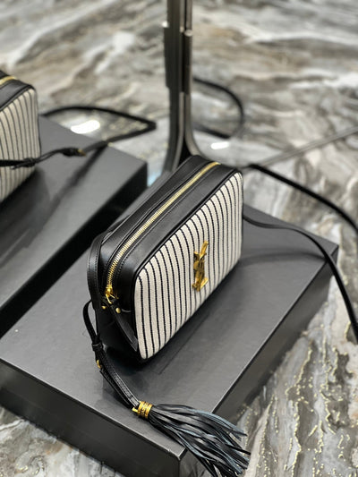 saint laurent lou medium Y*L striped canvas camera crossbody bag in grey cream - image 7