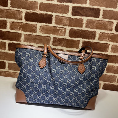Guc*i medium tote gg denim bag brown navy blue leather - image 4