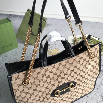 Guc*i brown large gg canvas 1955 horsebit chain tote beige - image 5