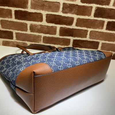 Guc*i medium tote gg denim bag brown navy blue leather - image 5
