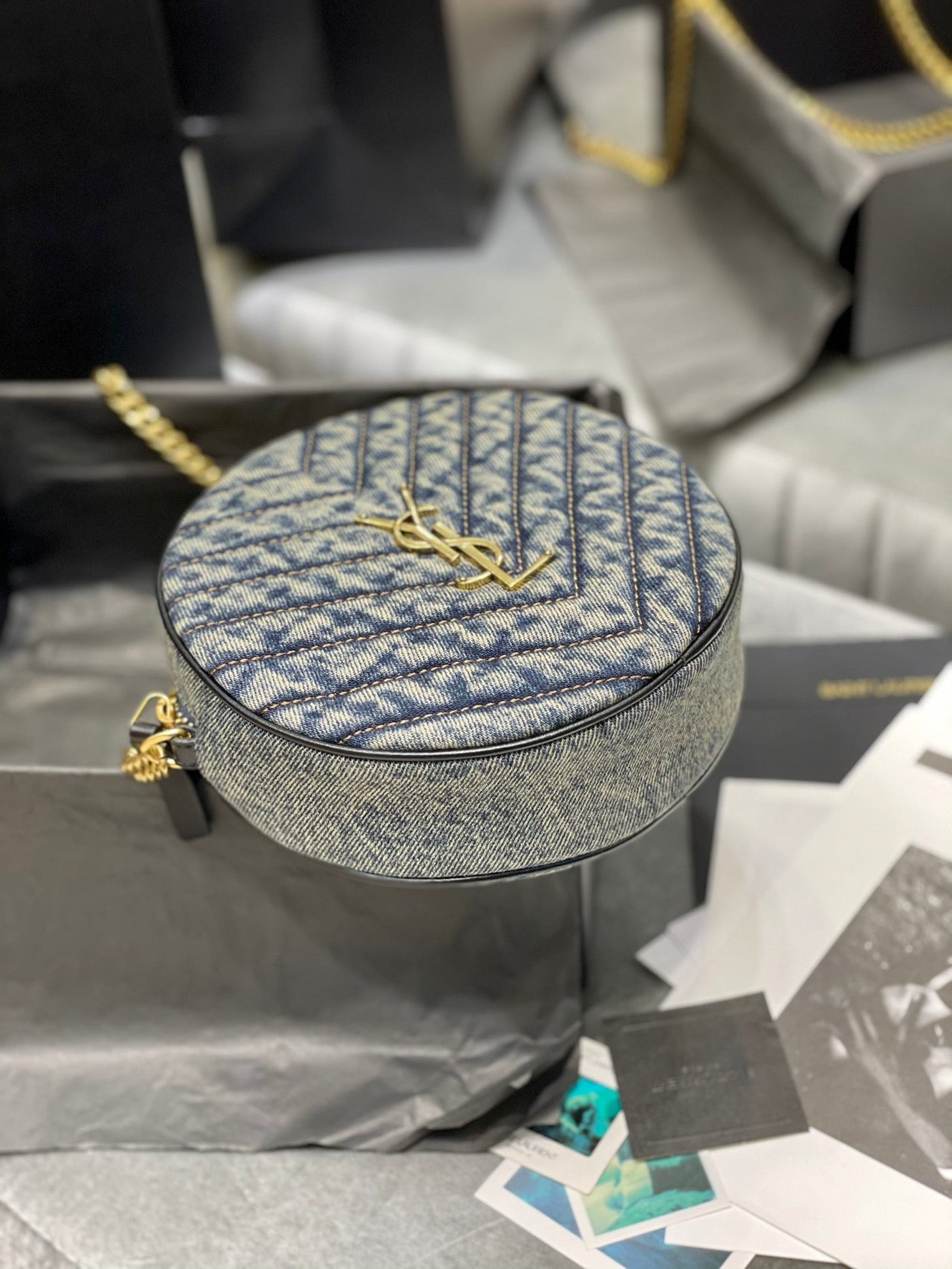 saint laurent Y*L women vinyle round camera bag in chevron-quilted denim and suede - image 5