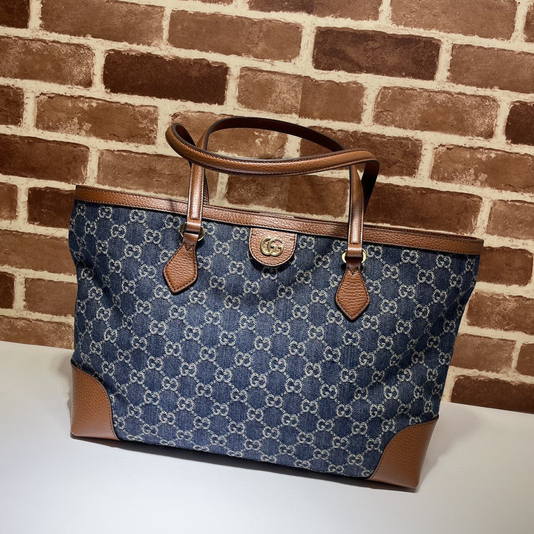 Guc*i medium tote gg denim bag brown navy blue leather - main image