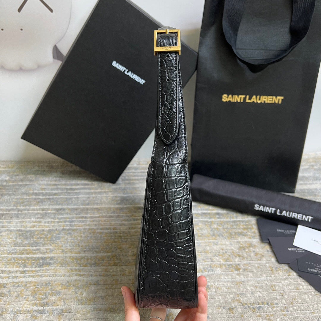 saint laurent le 5 à 7 green crocodile-effect leather shoulder bag in black - image 2