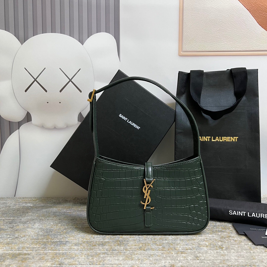 saint laurent le 5 à 7 green crocodile-effect leather shoulder bag in dark green - main image