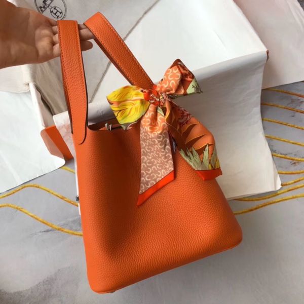 HERM Picotin Lock 22 Bag In Orange Clemence Leather - Image 7