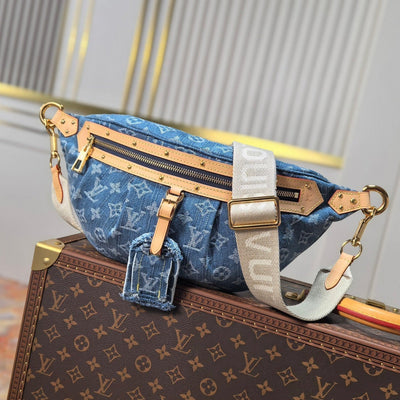 lv 25s bumbag 38 in blue monogram denim leather trim gold hardware - main image