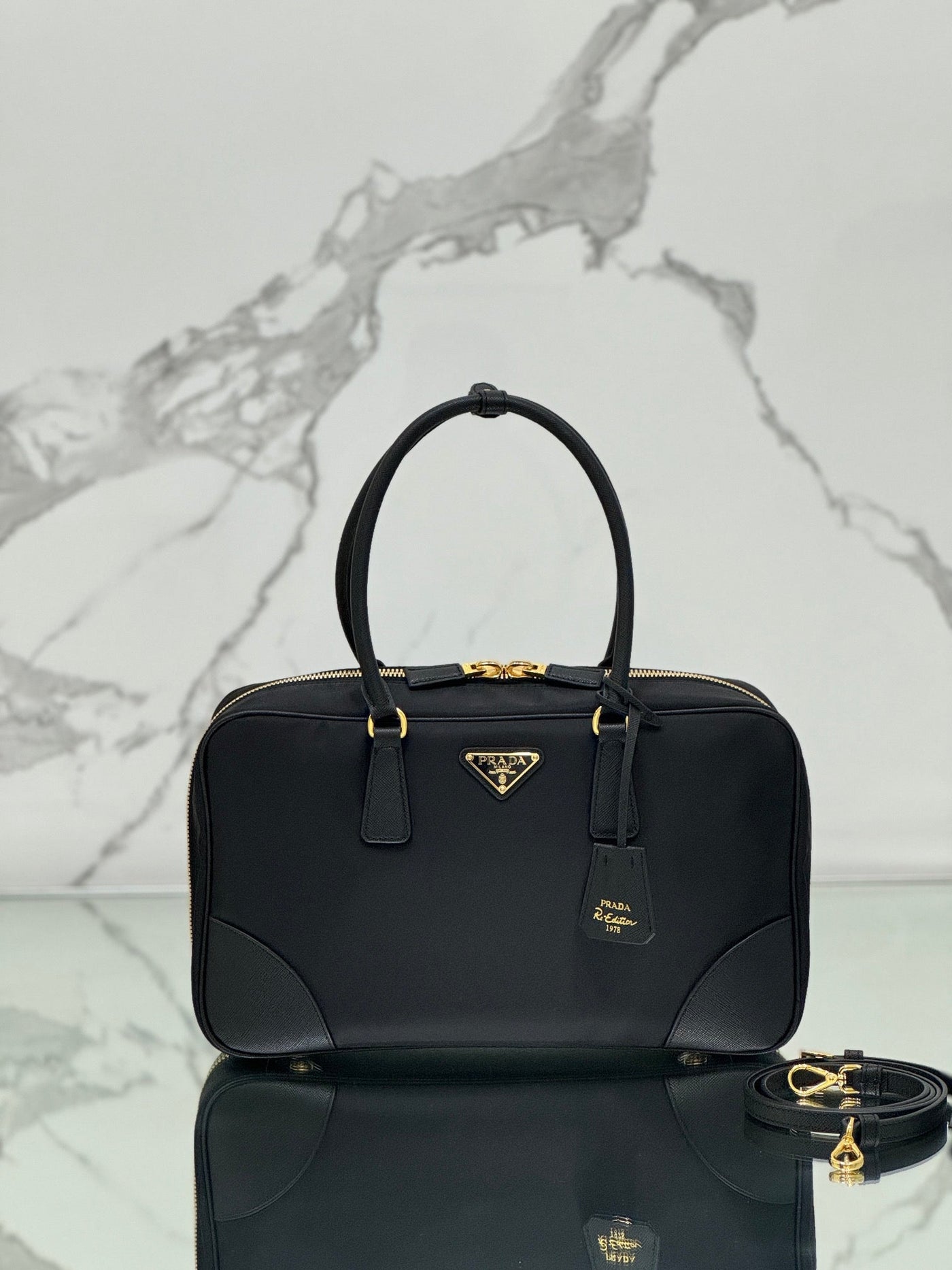 large top handle bag 35 in black nylon and calfskin trim - image 2