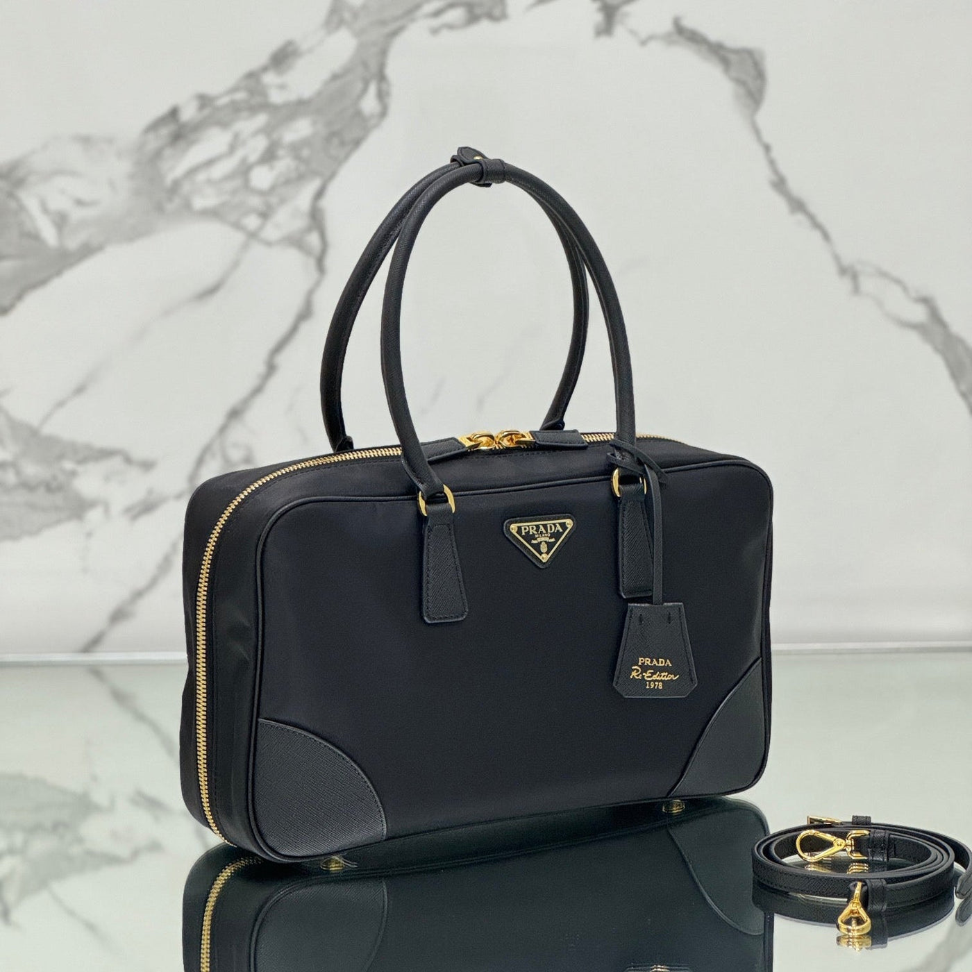 large top handle bag 35 in black nylon and calfskin trim - image 3