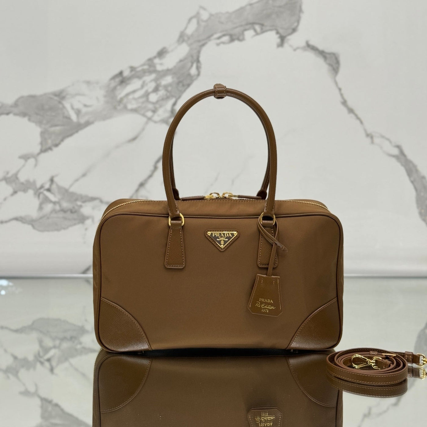 large top handle bag 35 in cherry wood nylon and calfskin trim - main image