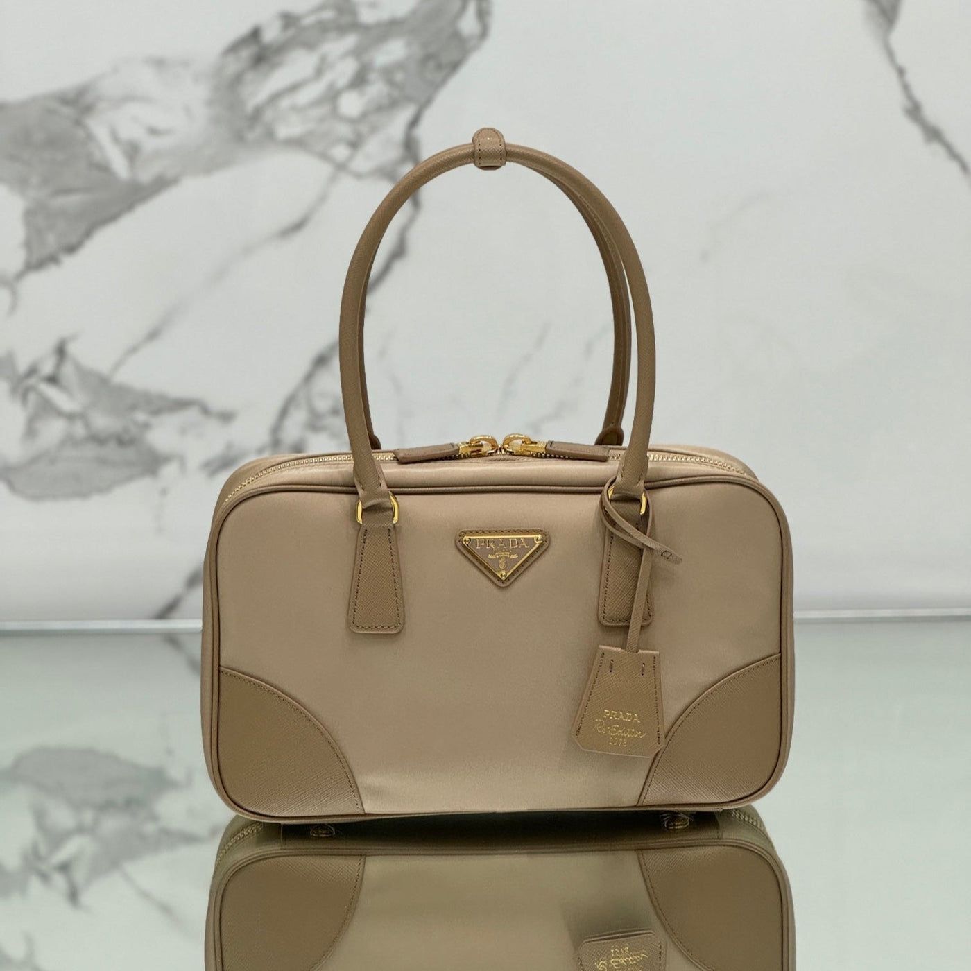 large top handle bag 35 in dried moss nylon and calfskin trim - main image