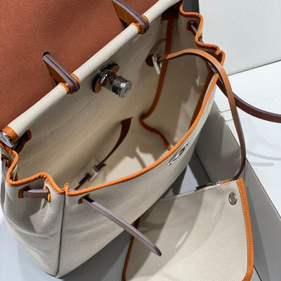 HERBAG A DOS ZIP RETOURNE BACKPACK 29 IN OFF-WHITE CANVAS AND BROWN CALFSKIN