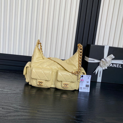 QUILTED HOBO CARGO BAG 31 IN LIGHT YELLOW CALFSKIN GOLD CHAIN - Image 3
