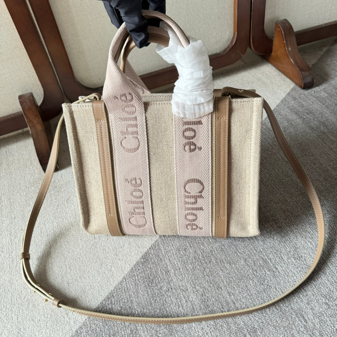 SMALL WOODY TOTE BAG 26.5 IN BEIGE LINEN CANVAS LIGHT PINK WEBBING LOGO EMBROIDERY - Main Image