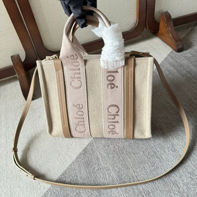 SMALL WOODY TOTE BAG 26.5 IN BEIGE LINEN CANVAS LIGHT PINK WEBBING LOGO EMBROIDERY - Main Image