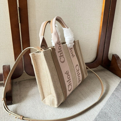 SMALL WOODY TOTE BAG 26.5 IN BEIGE LINEN CANVAS LIGHT PINK WEBBING LOGO EMBROIDERY - Image 2