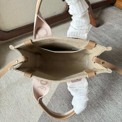 SMALL WOODY TOTE BAG 26.5 IN BEIGE LINEN CANVAS LIGHT PINK WEBBING LOGO EMBROIDERY - Image 6