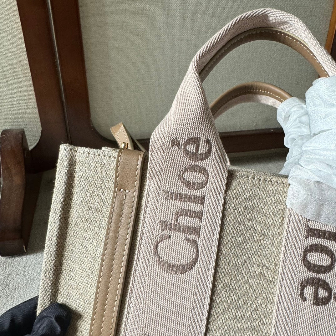 SMALL WOODY TOTE BAG 26.5 IN BEIGE LINEN CANVAS LIGHT PINK WEBBING LOGO EMBROIDERY - Image 7