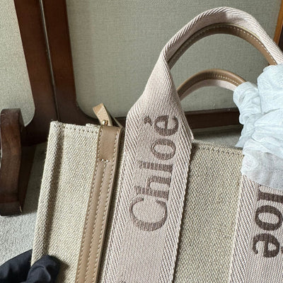 SMALL WOODY TOTE BAG 26.5 IN BEIGE LINEN CANVAS LIGHT PINK WEBBING LOGO EMBROIDERY - Image 7