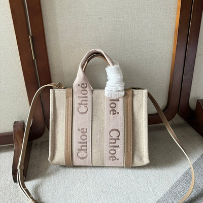 SMALL WOODY TOTE BAG 26.5 IN BEIGE LINEN CANVAS LIGHT PINK WEBBING LOGO EMBROIDERY - Image 5