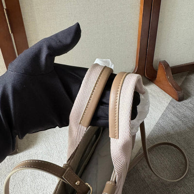 SMALL WOODY TOTE BAG 26.5 IN BEIGE LINEN CANVAS LIGHT PINK WEBBING LOGO EMBROIDERY - Image 9