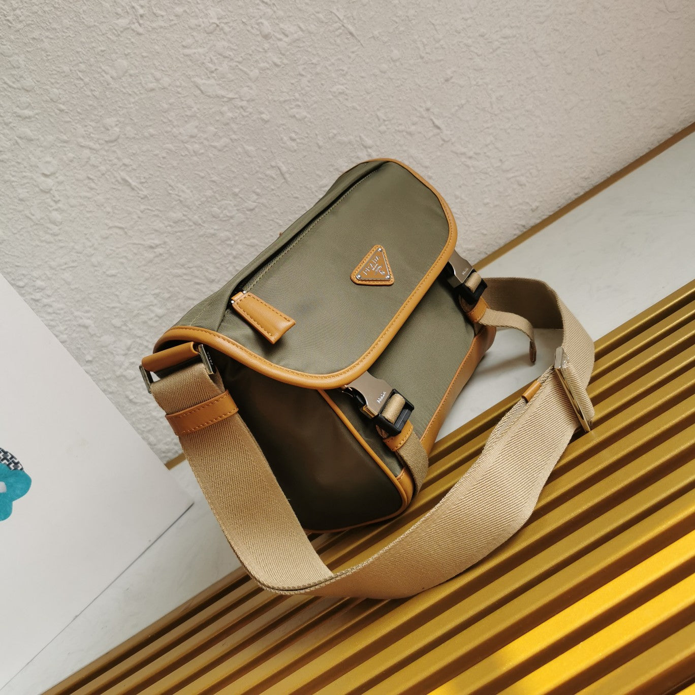 messenger bag 20 in khaki green re-nylon and brown calfskin trim - image 2