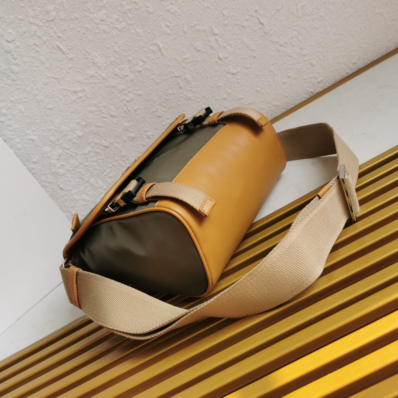messenger bag 20 in khaki green re-nylon and brown calfskin trim - image 3