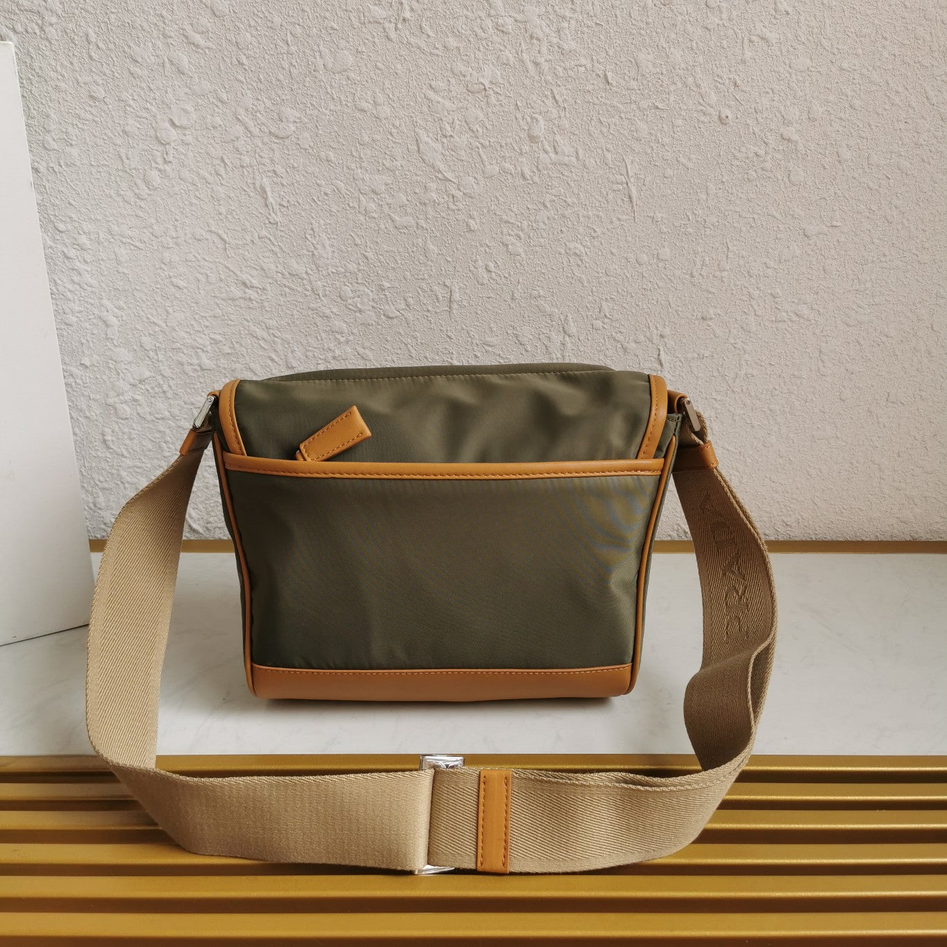 messenger bag 20 in khaki green re-nylon and brown calfskin trim - image 4