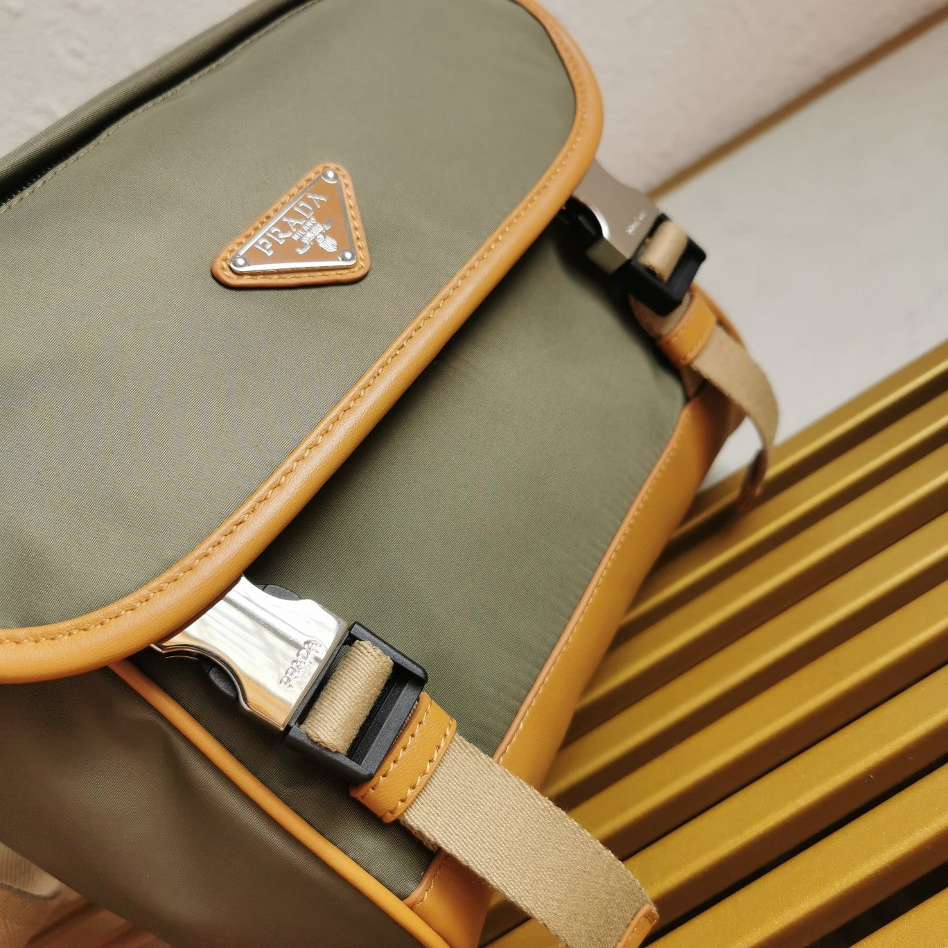 messenger bag 20 in khaki green re-nylon and brown calfskin trim - image 5