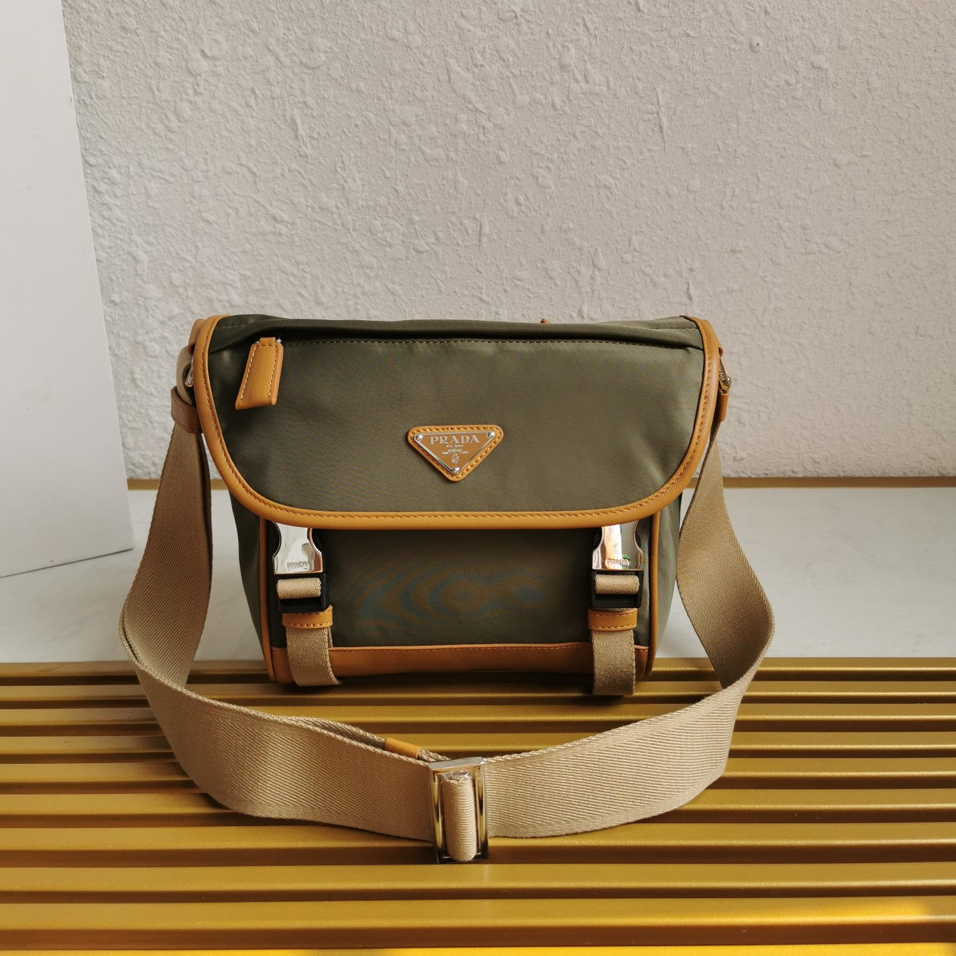 messenger bag 20 in khaki green re-nylon and brown calfskin trim - main image