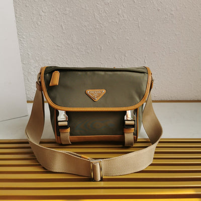 messenger bag 20 in khaki green re-nylon and brown calfskin trim - main image
