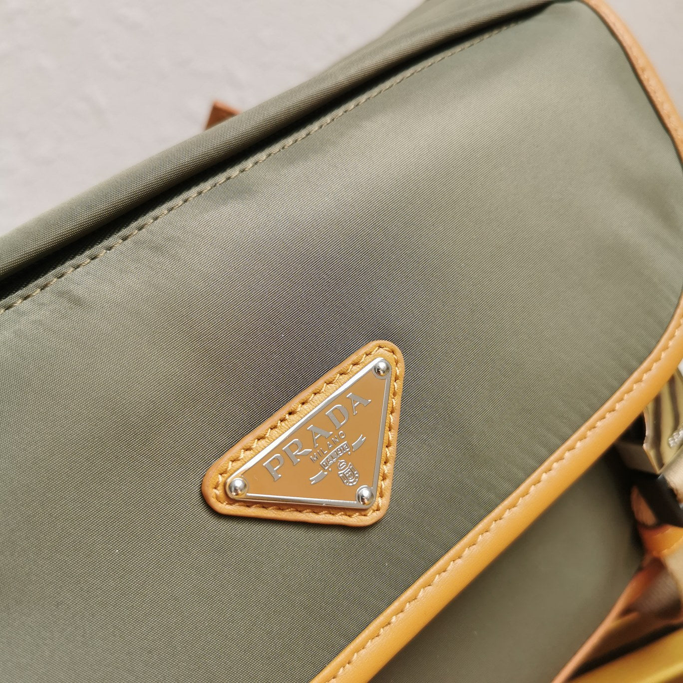 messenger bag 20 in khaki green re-nylon and brown calfskin trim - image 6