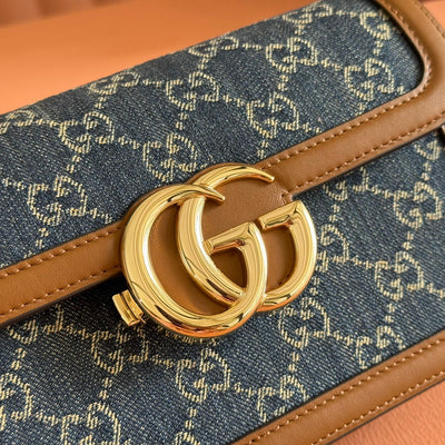 GO SMALL SHOULDER BAG 21.5 IN BLUE DENIM BROWN CALFSKIN