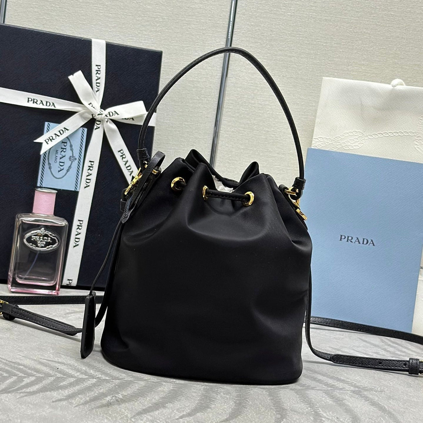 bucket bag 19 in black re-nylon and calfskin handle - image 6