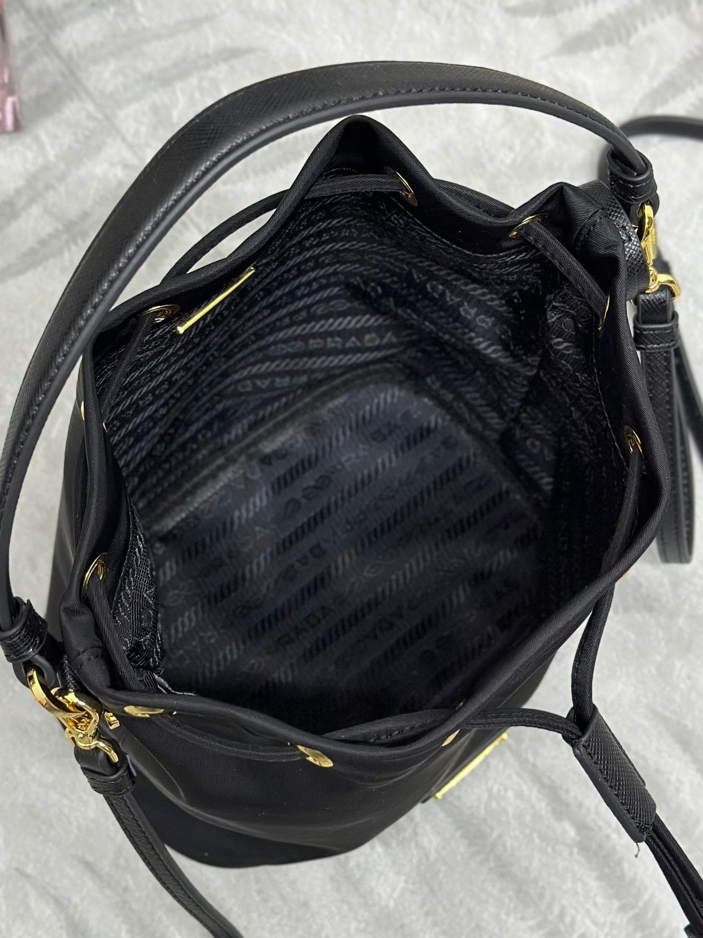 bucket bag 19 in black re-nylon and calfskin handle - image 8