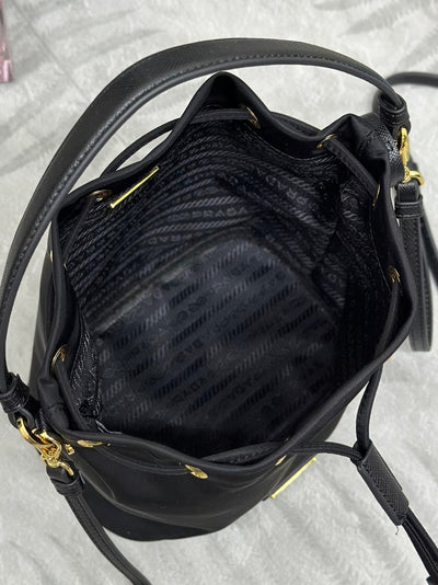 bucket bag 19 in black re-nylon and calfskin handle - image 8