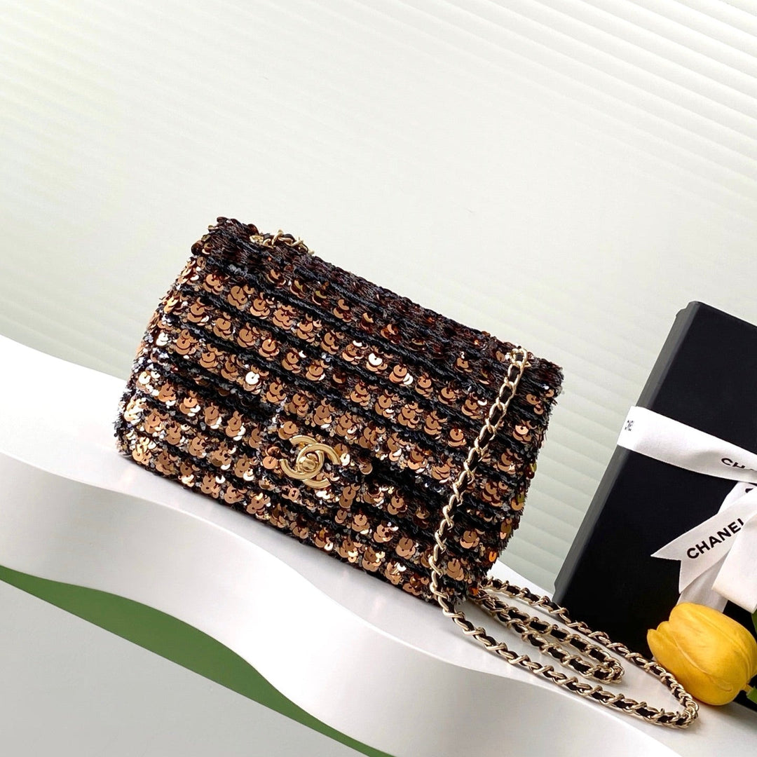 CLASSIC FLAP BAG 21 IN BROWN MIX BLACK SEQUINS - Main Image
